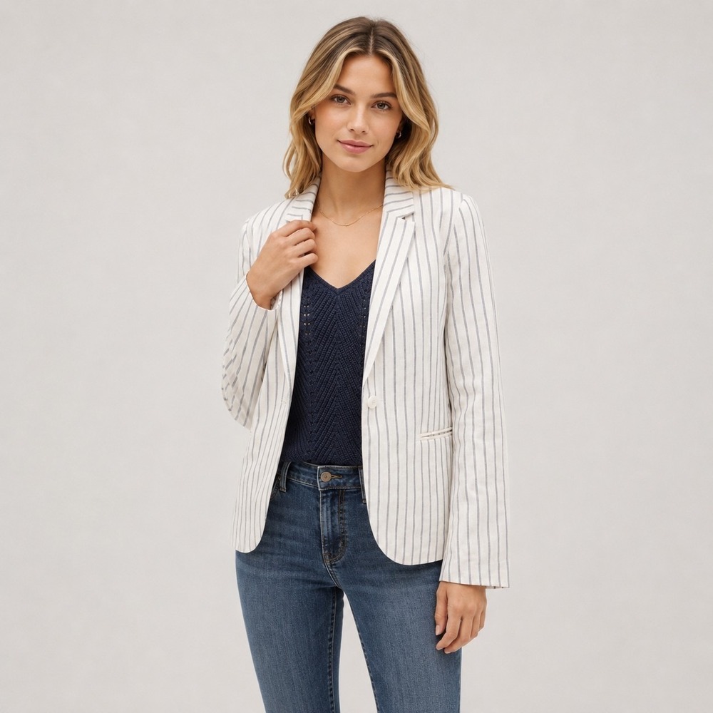 GAP Size 12 White Nautical Blue Striped Linen Blend One Button Blazer Jacket